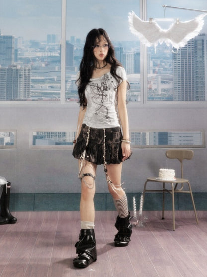 Distressed Drawstring Tie-Dye Belt Lining Denim Short Skirt【s0000016731】