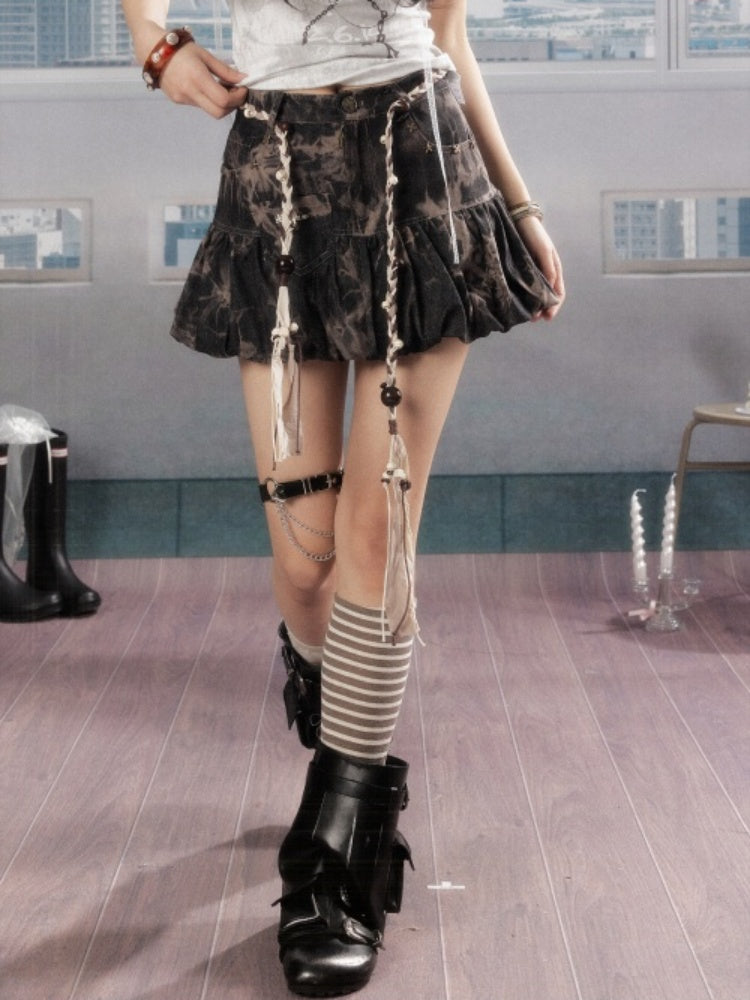 Distressed Drawstring Tie-Dye Belt Lining Denim Short Skirt【s0000016731】