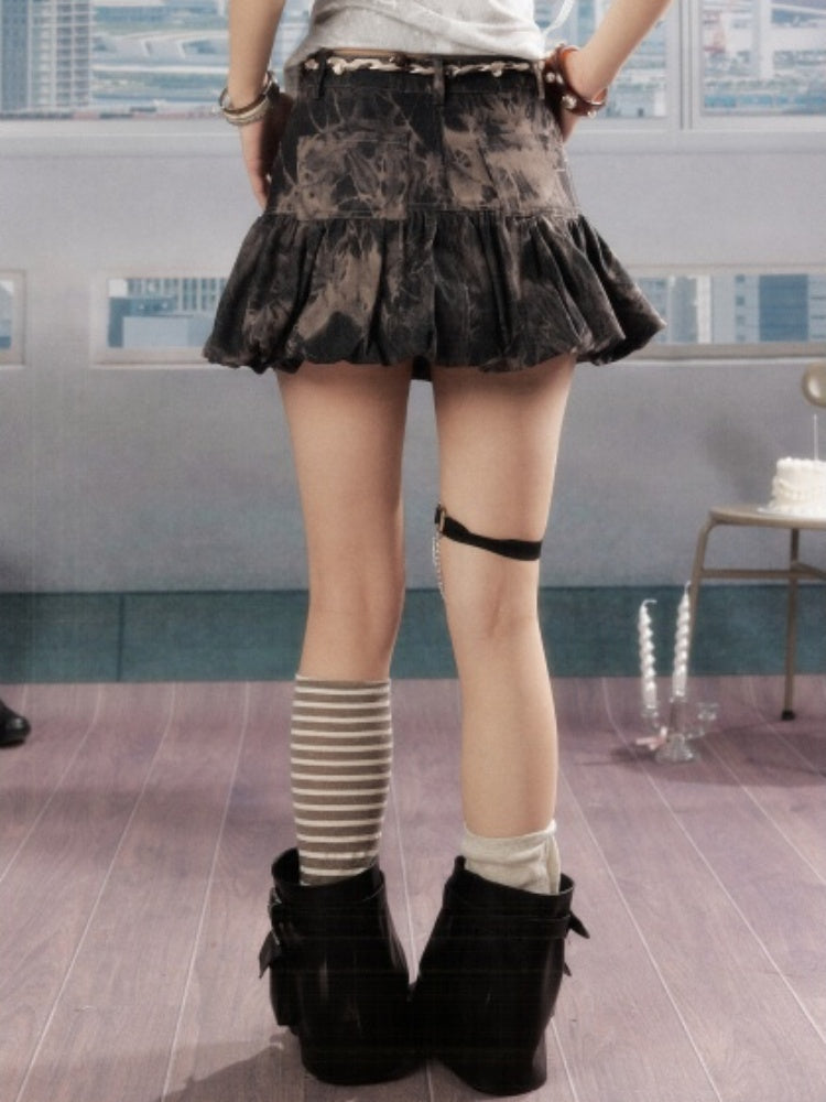 Distressed Drawstring Tie-Dye Belt Lining Denim Short Skirt【s0000016731】