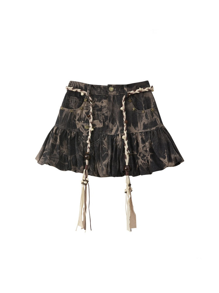 Distressed Drawstring Tie-Dye Belt Lining Denim Short Skirt【s0000016731】