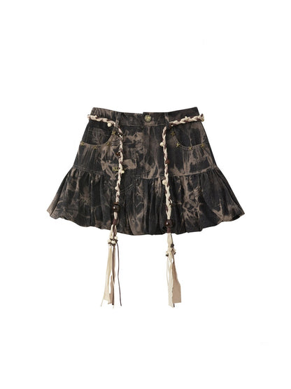 Distressed Drawstring Tie-Dye Belt Lining Denim Short Skirt【s0000016731】