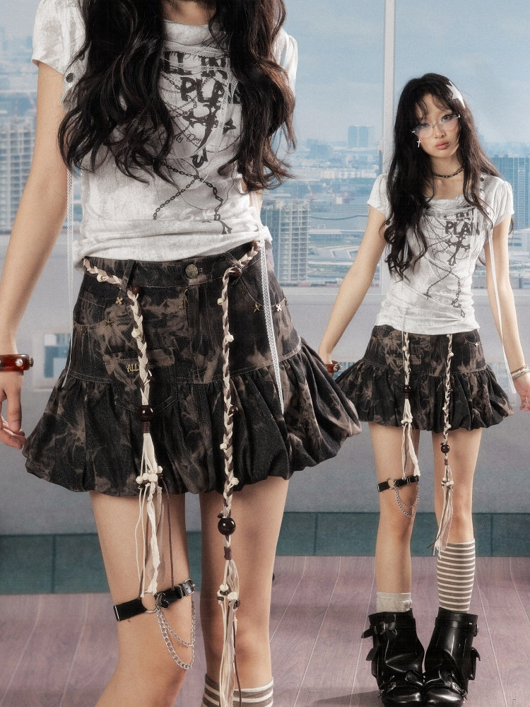 Distressed Drawstring Tie-Dye Belt Lining Denim Short Skirt【s0000016731】