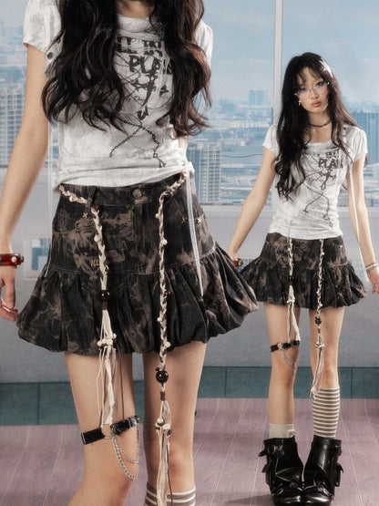 Distressed Drawstring Tie-Dye Belt Lining Denim Short Skirt【s0000016731】
