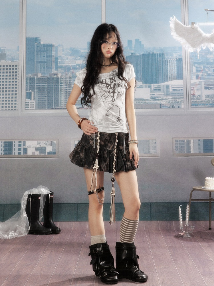 Distressed Drawstring Tie-Dye Belt Lining Denim Short Skirt【s0000016731】