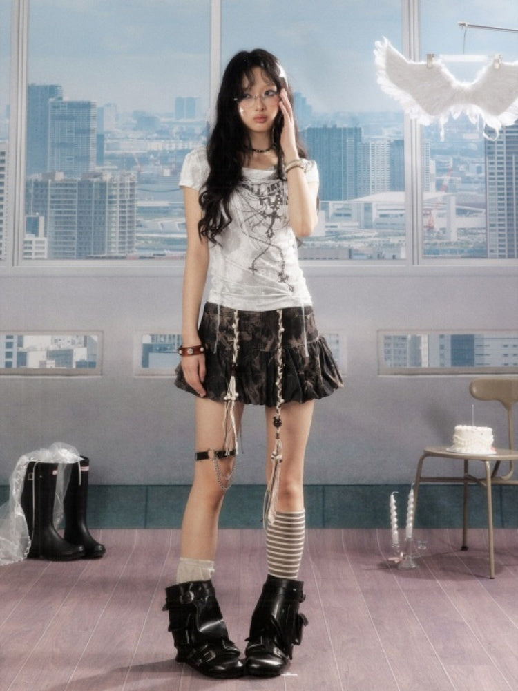 Distressed Drawstring Tie-Dye Belt Lining Denim Short Skirt【s0000016731】