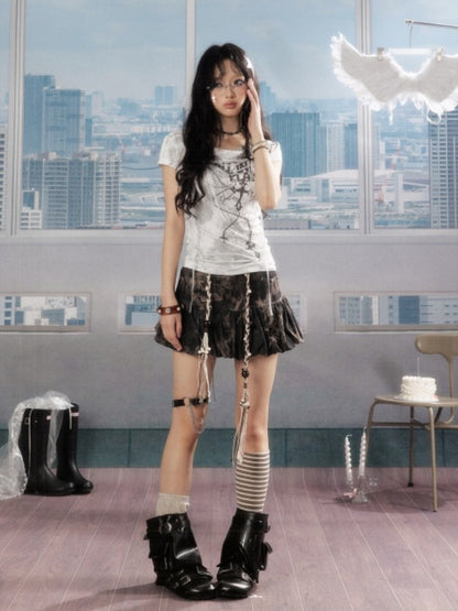 Distressed Drawstring Tie-Dye Belt Lining Denim Short Skirt【s0000016731】