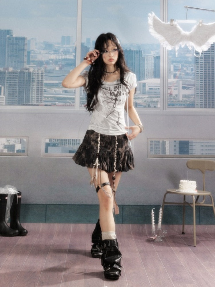 Distressed Drawstring Tie-Dye Belt Lining Denim Short Skirt【s0000016731】