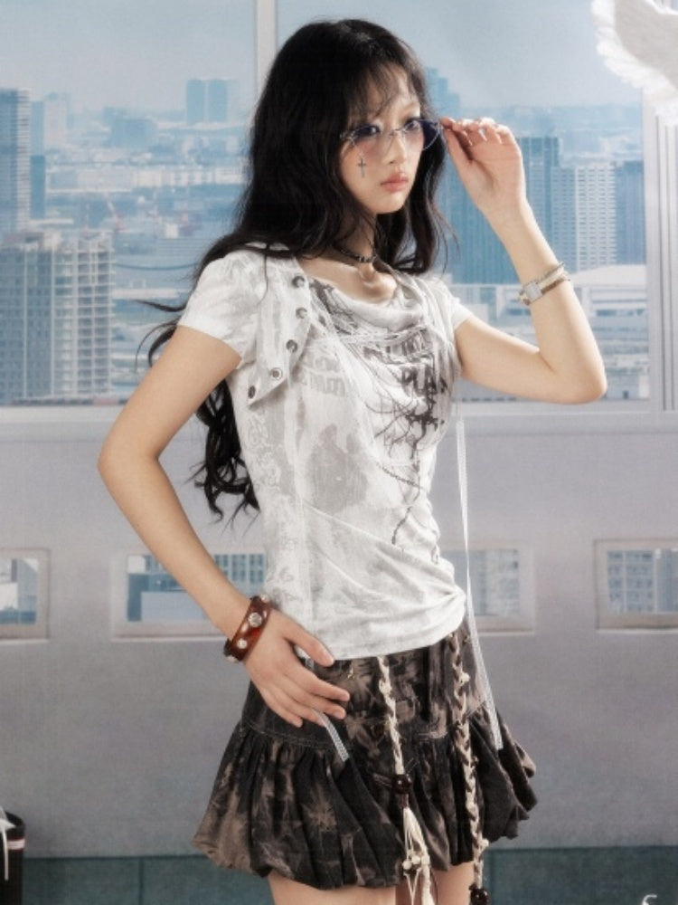Distressed Drawstring Tie-Dye Belt Lining Denim Short Skirt【s0000016731】