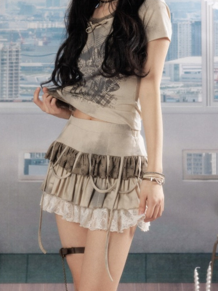 Lace Cake Tie-Dye Bow Short Skirt【s0000016732】