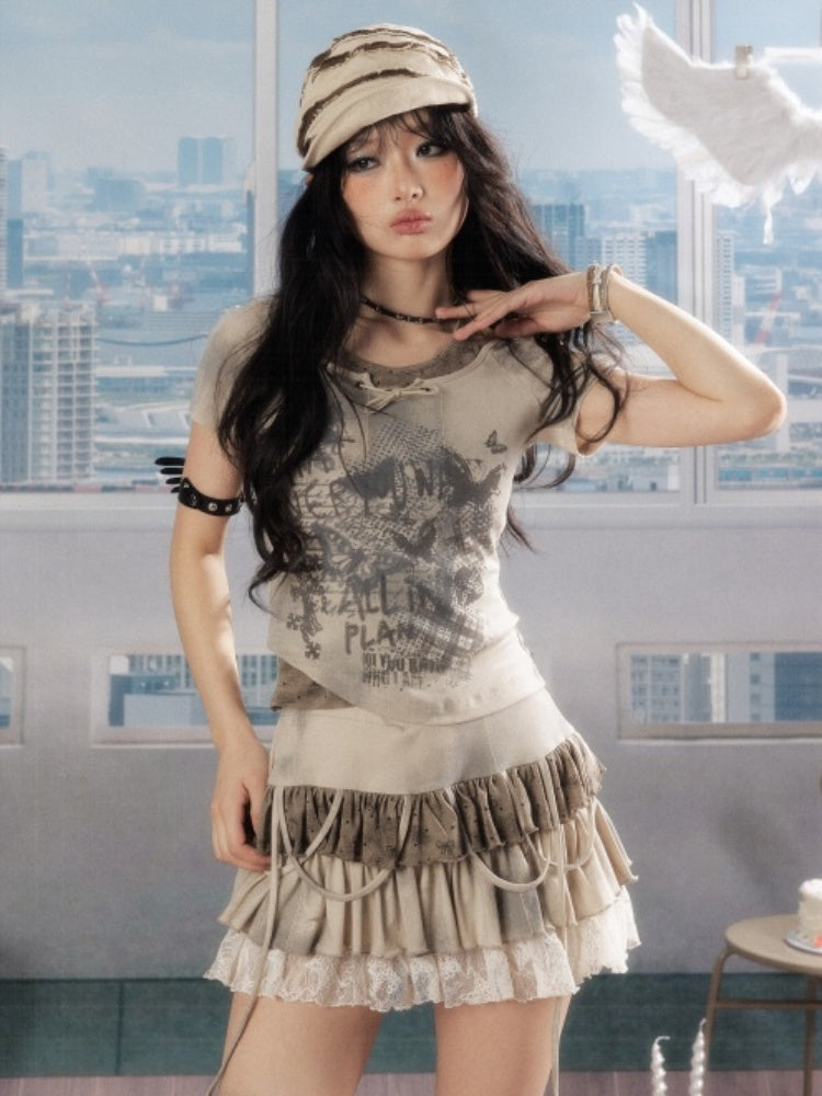 Lace Cake Tie-Dye Bow Short Skirt【s0000016732】