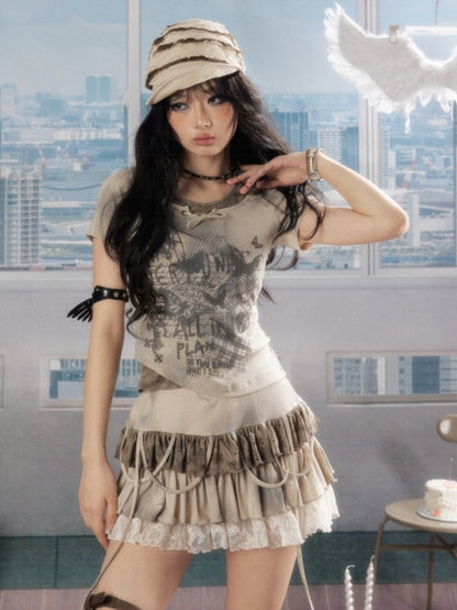 Lace Cake Tie-Dye Bow Short Skirt【s0000016732】