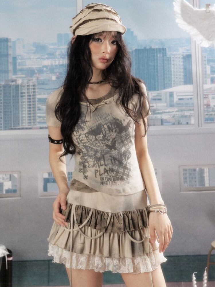 Lace Cake Tie-Dye Bow Short Skirt【s0000016732】