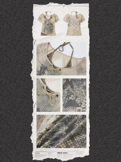 Halter Neck Faux Layered Lace Backless Short-Sleeved T-Shirt【s0000016733】