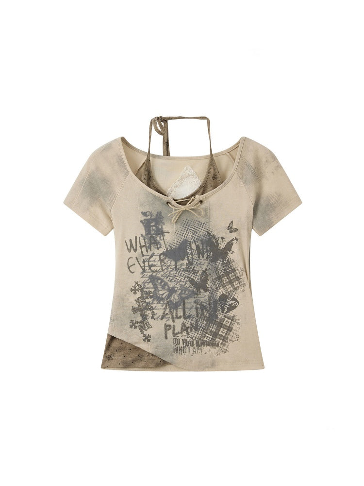 Halter Neck Faux Layered Lace Backless Short-Sleeved T-Shirt【s0000016733】