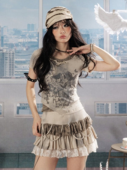 Halter Neck Faux Layered Lace Backless Short-Sleeved T-Shirt【s0000016733】