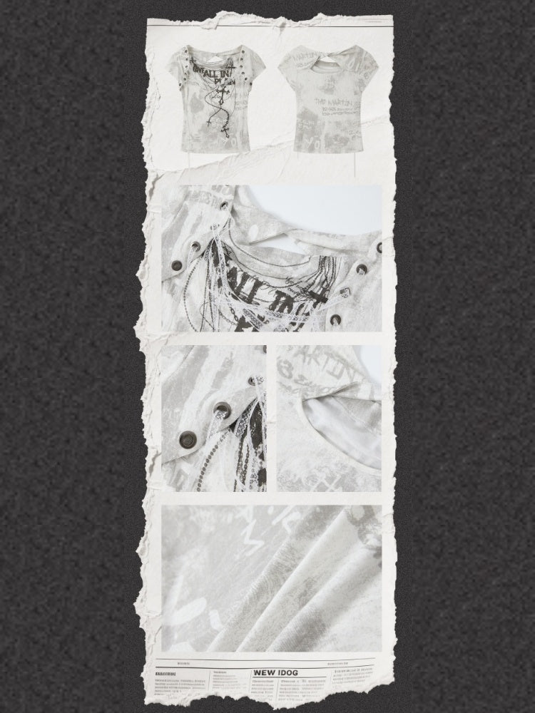 Swing Collar Lace Drawstring Letter Print Short Sleeved T-Shirt【s0000016734】