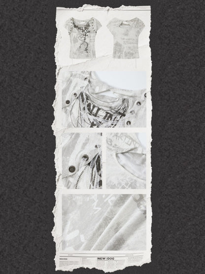 Swing Collar Lace Drawstring Letter Print Short Sleeved T-Shirt【s0000016734】