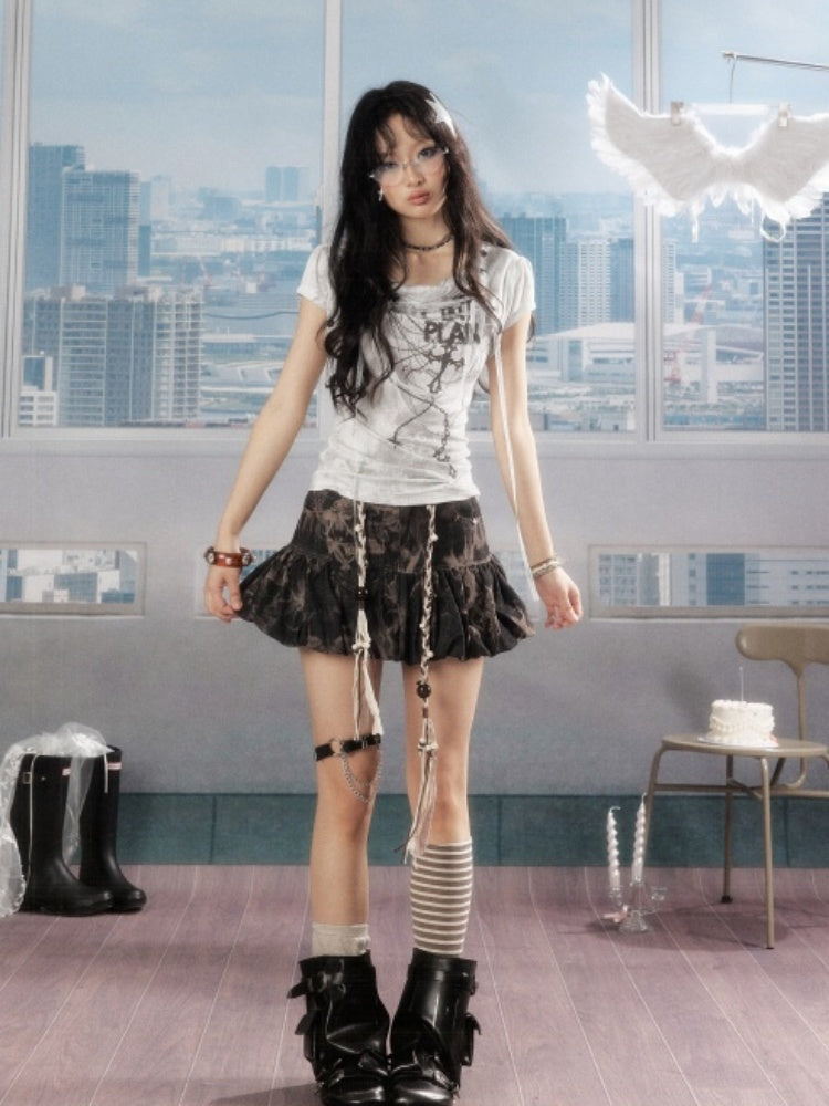 Swing Collar Lace Drawstring Letter Print Short Sleeved T-Shirt【s0000016734】