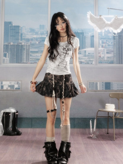 Swing Collar Lace Drawstring Letter Print Short Sleeved T-Shirt【s0000016734】