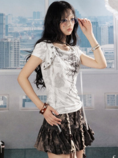 Swing Collar Lace Drawstring Letter Print Short Sleeved T-Shirt【s0000016734】