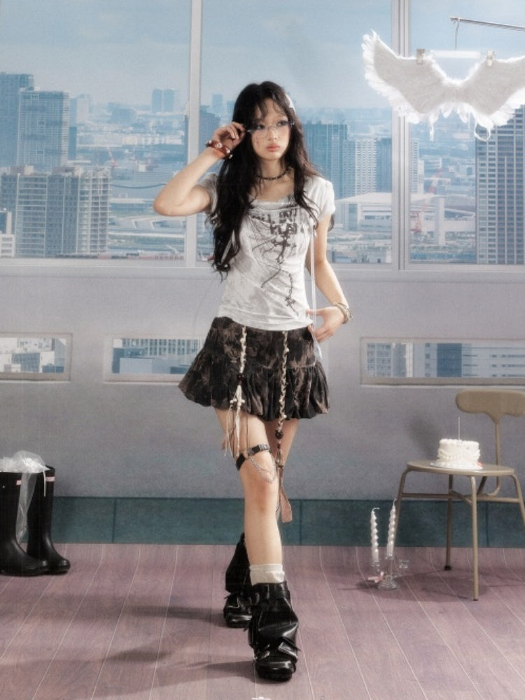 Swing Collar Lace Drawstring Letter Print Short Sleeved T-Shirt【s0000016734】
