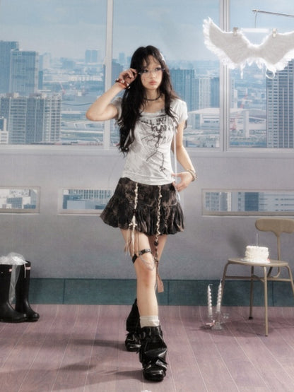 Swing Collar Lace Drawstring Letter Print Short Sleeved T-Shirt【s0000016734】