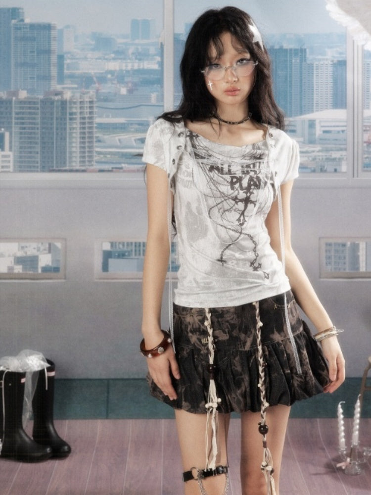 Swing Collar Lace Drawstring Letter Print Short Sleeved T-Shirt【s0000016734】