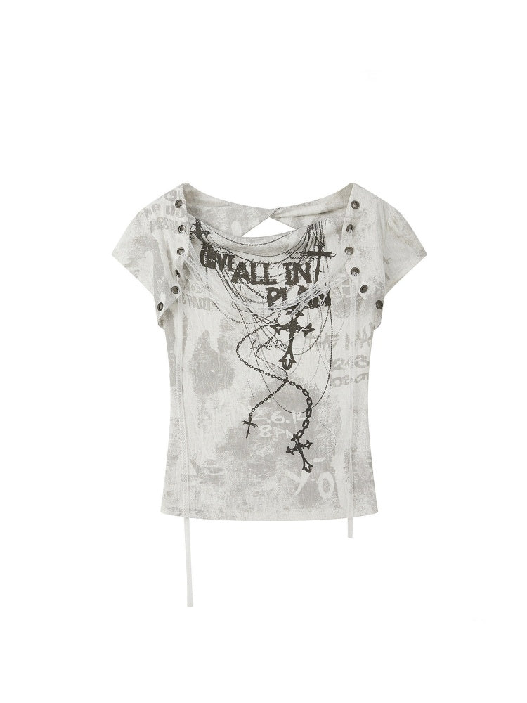 Swing Collar Lace Drawstring Letter Print Short Sleeved T-Shirt【s0000016734】