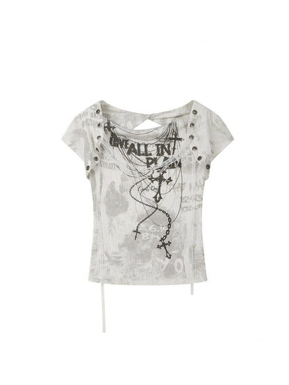 Swing Collar Lace Drawstring Letter Print Short Sleeved T-Shirt【s0000016734】