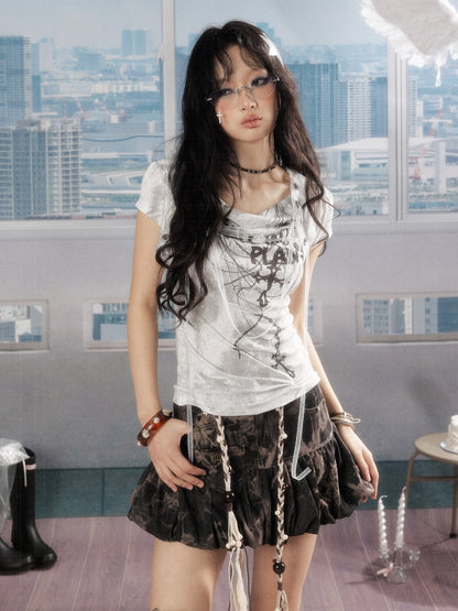 Swing Collar Lace Drawstring Letter Print Short Sleeved T-Shirt【s0000016734】