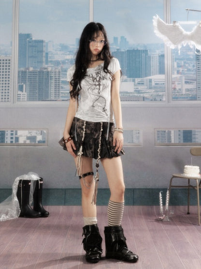Swing Collar Lace Drawstring Letter Print Short Sleeved T-Shirt【s0000016734】