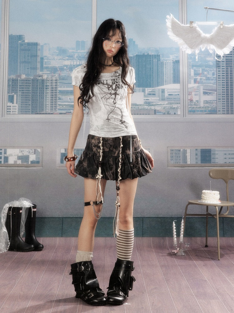 Swing Collar Lace Drawstring Letter Print Short Sleeved T-Shirt【s0000016734】