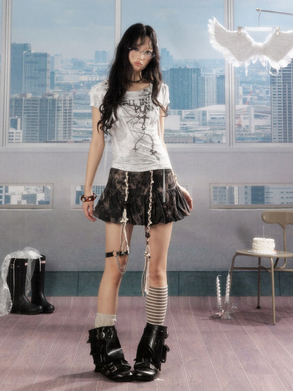 Swing Collar Lace Drawstring Letter Print Short Sleeved T-Shirt【s0000016734】