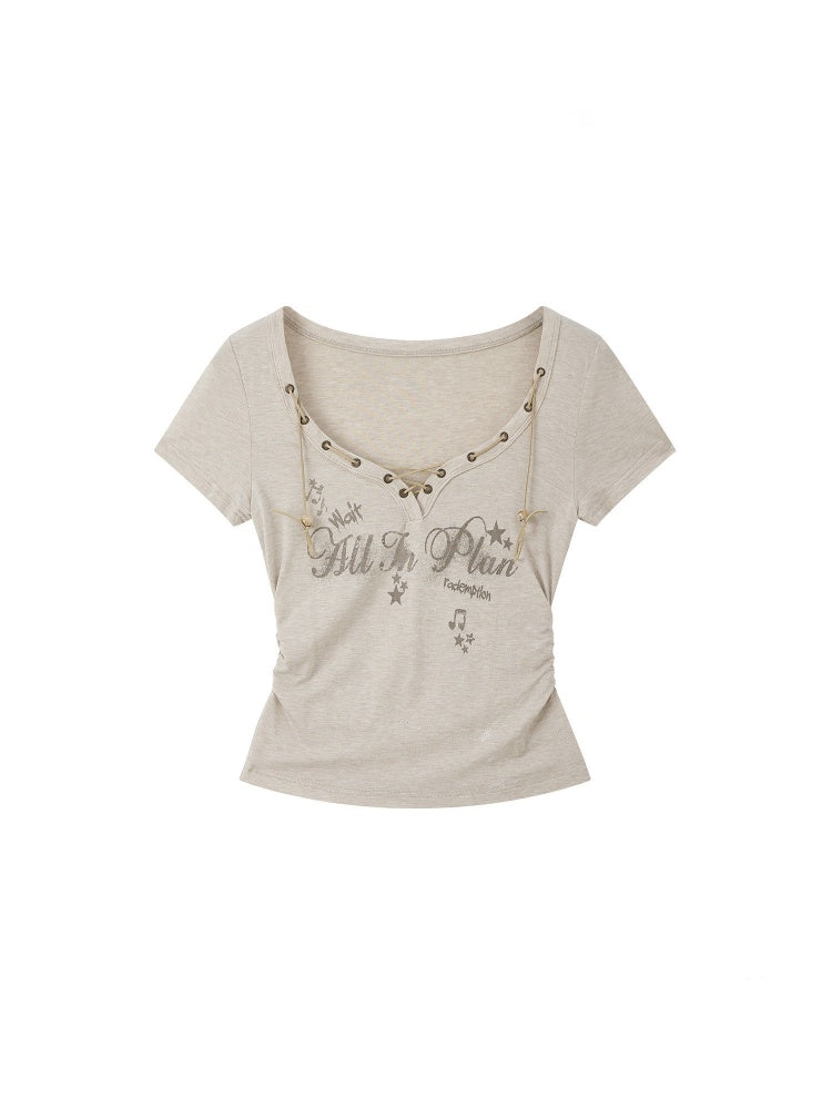 Drawstring Letter Print Short Sleeve T-Shirt【s0000016735】