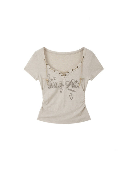 Drawstring Letter Print Short Sleeve T-Shirt【s0000016735】