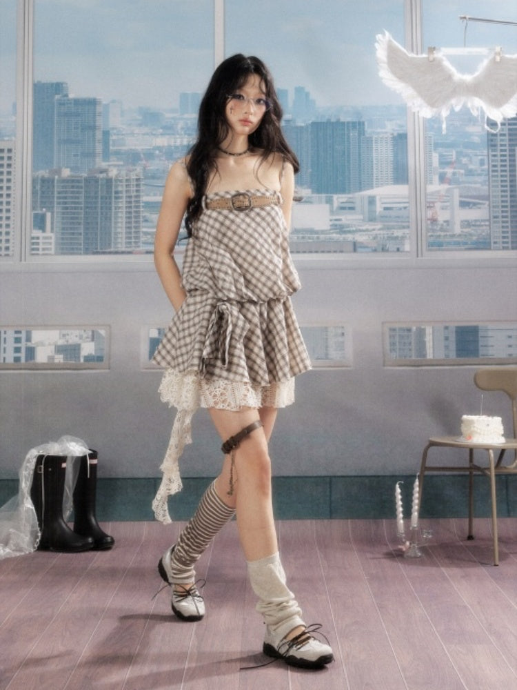 Plaid Vintage Lace Swing Tail Slip Dress【s0000016736】