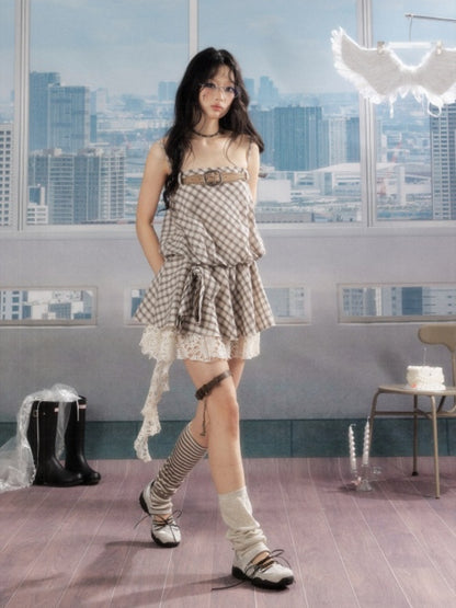 Plaid Vintage Lace Swing Tail Slip Dress【s0000016736】