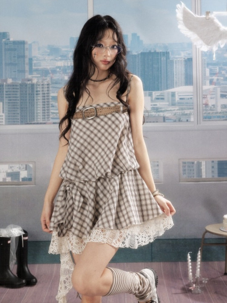 Plaid Vintage Lace Swing Tail Slip Dress【s0000016736】