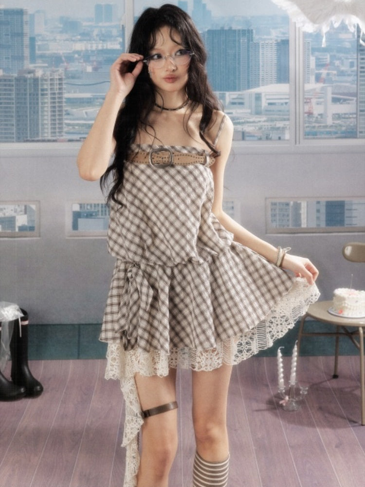 Plaid Vintage Lace Swing Tail Slip Dress【s0000016736】