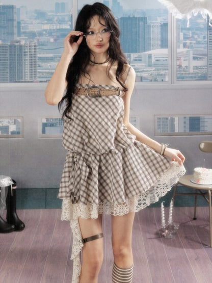 Plaid Vintage Lace Swing Tail Slip Dress【s0000016736】