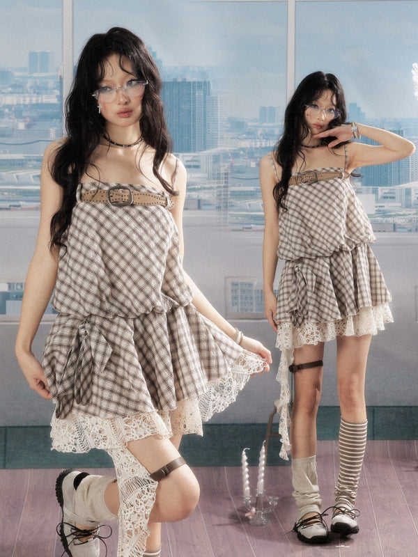 Plaid Vintage Lace Swing Tail Slip Dress【s0000016736】
