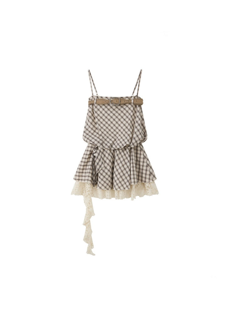 Plaid Vintage Lace Swing Tail Slip Dress【s0000016736】