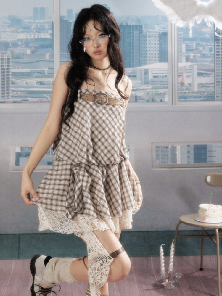 Plaid Vintage Lace Swing Tail Slip Dress【s0000016736】