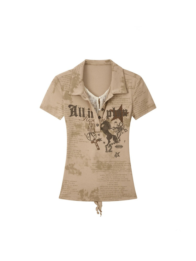 Faux Layered  Lace Backless Short Sleeved T-Shirt【s0000016738】