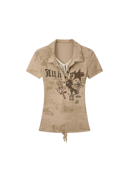 Faux Layered  Lace Backless Short Sleeved T-Shirt【s0000016738】