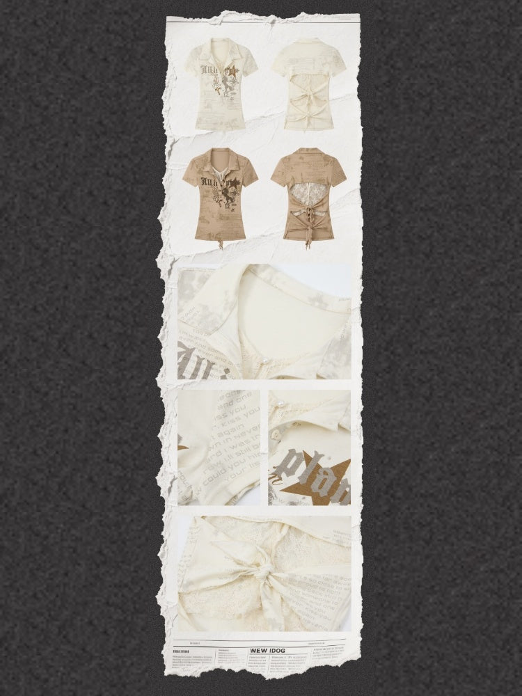 Faux Layered  Lace Backless Short Sleeved T-Shirt【s0000016738】