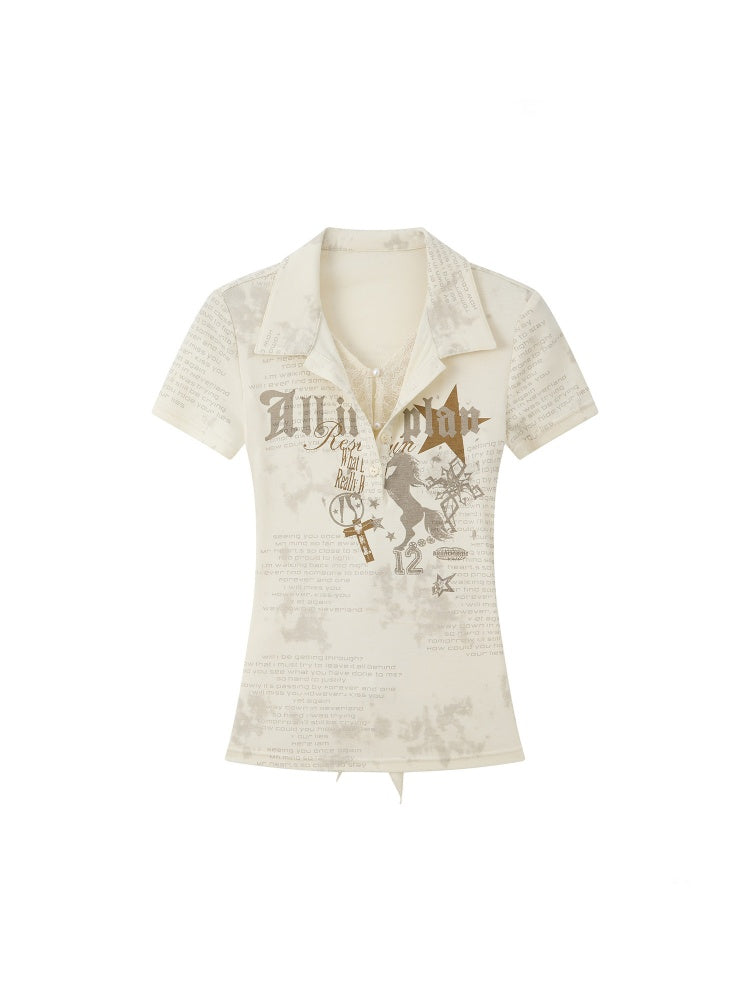 Faux Layered  Lace Backless Short Sleeved T-Shirt【s0000016738】