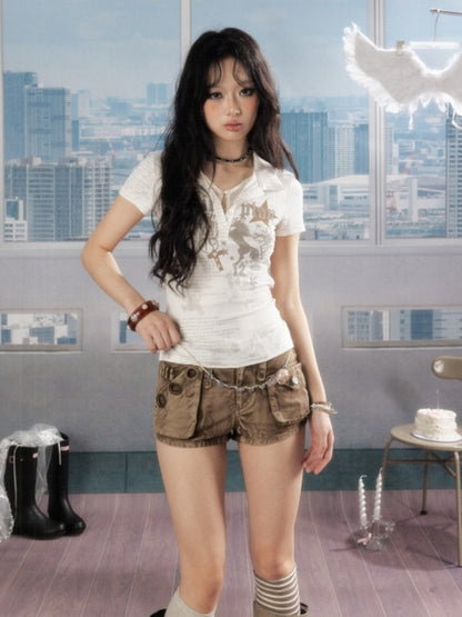 Faux Layered  Lace Backless Short Sleeved T-Shirt【s0000016738】