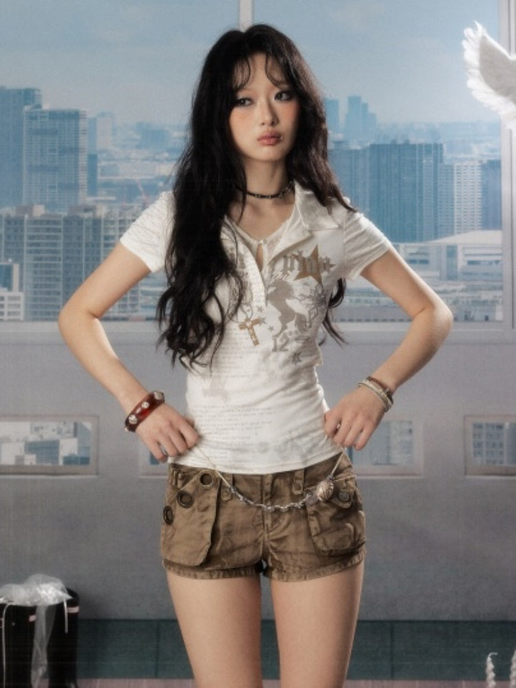 Faux Layered  Lace Backless Short Sleeved T-Shirt【s0000016738】