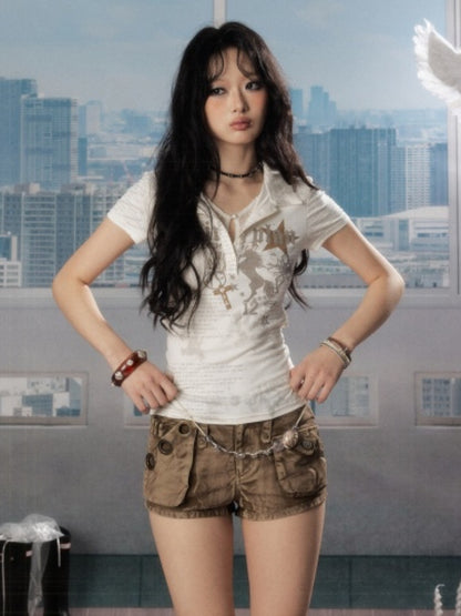 Faux Layered  Lace Backless Short Sleeved T-Shirt【s0000016738】